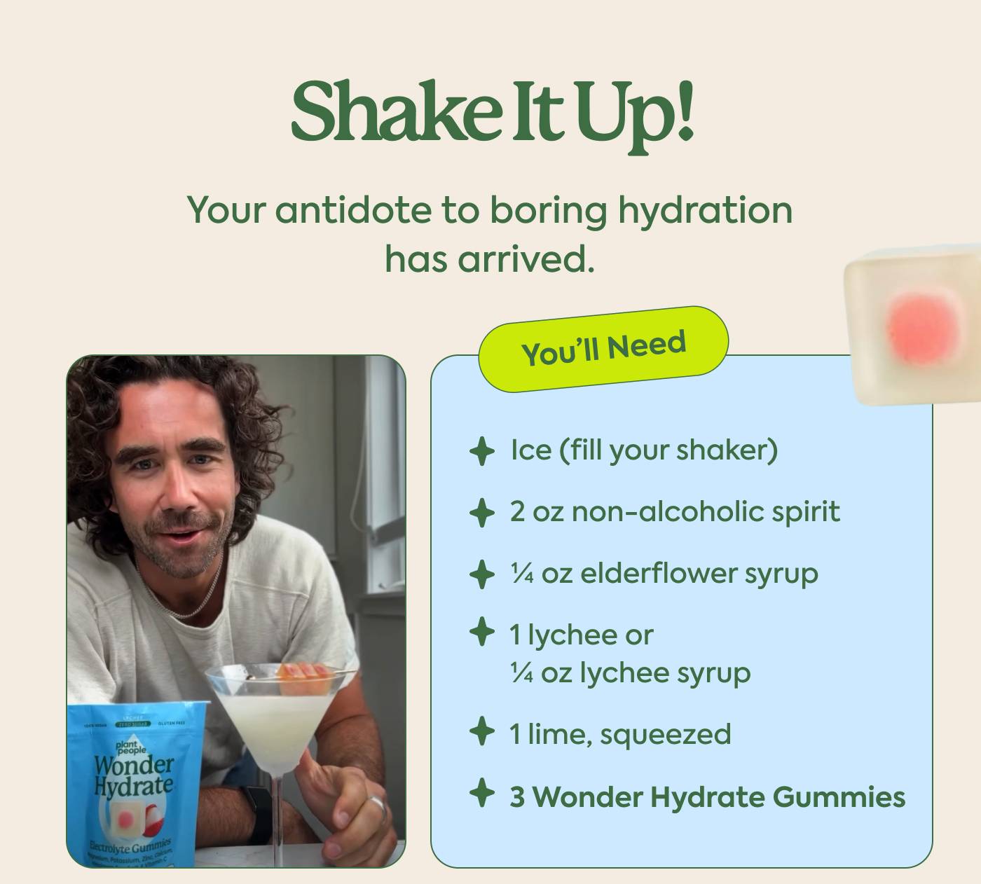 Shake it up! Your antidote to boring hydration has arrived.  Ice (fill your shaker) 2 oz non-alcoholic spirit ¼ oz elderflower syrup 1 lychee or ¼ oz lychee syrup 1 lime, squeezed