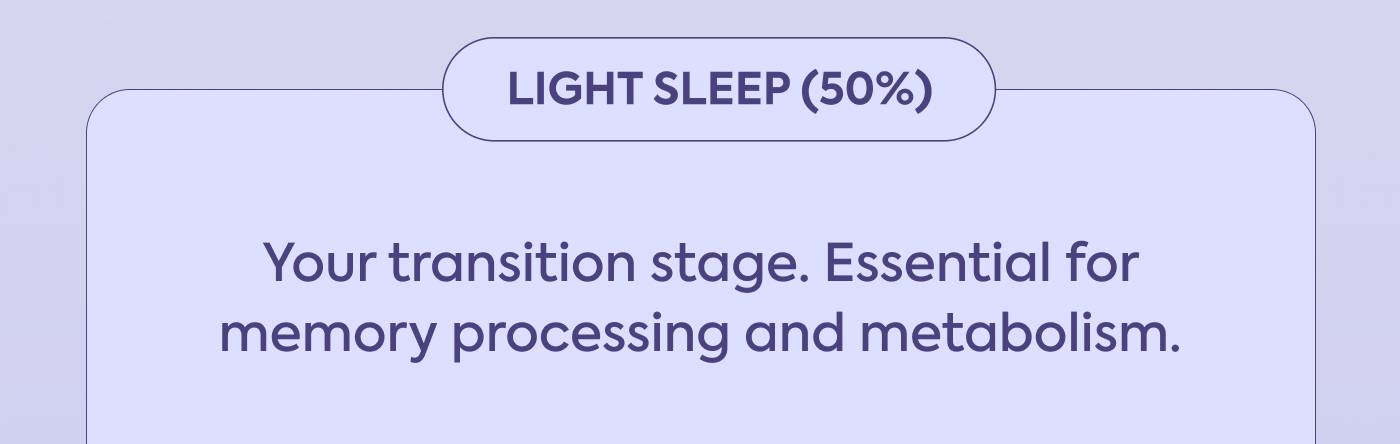 Light Sleep (50%): Your transition stage. Essential for memory processing and metabolism.