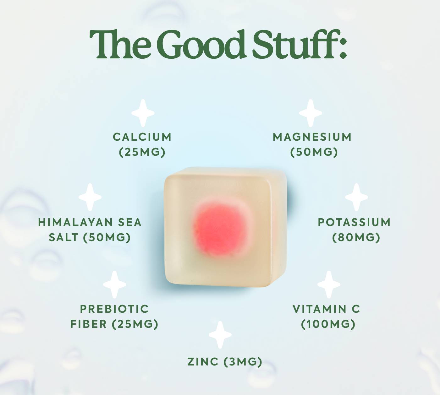 The Good Stuff: Magnesium • Potassium • Zinc • Calcium • Himalayan Sea Salt • Vitamin C • Prebiotic Fiber