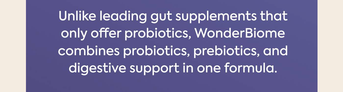 Unlike leading gut supplements that only offer probiotics, WonderBiome combines probiotics, prebiotics, and digestive support in one formula.