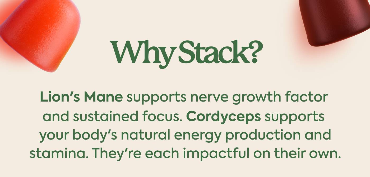 Why Stack? Lion's Mane supports nerve growth factor and sustained focus. Cordyceps supports your body's natural energy production and stamina. They're each impactful on their own. 