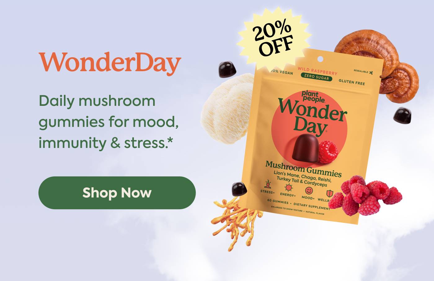 WonderDay: Daily mushroom gummies for mood, immunity & stress.*