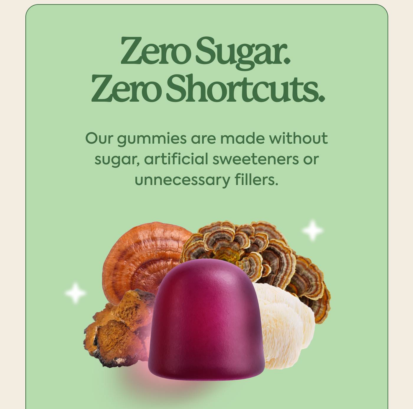 Zero Sugar. Zero Shortcuts | Our gummies are made without sugar, artificial sweeteners or unnecessary fillers.