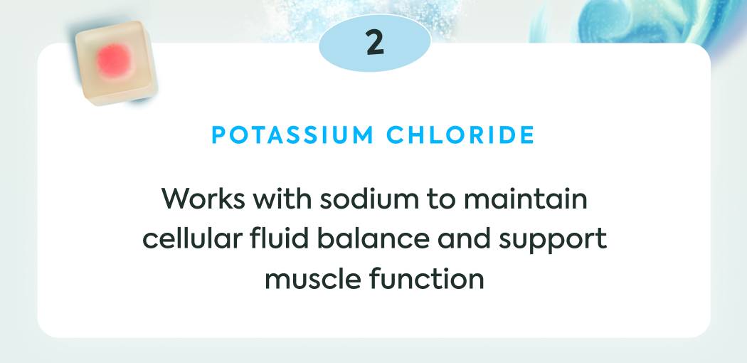 Potassium Chloride: Works with sodium to maintain cellular fluid balance and support muscle function