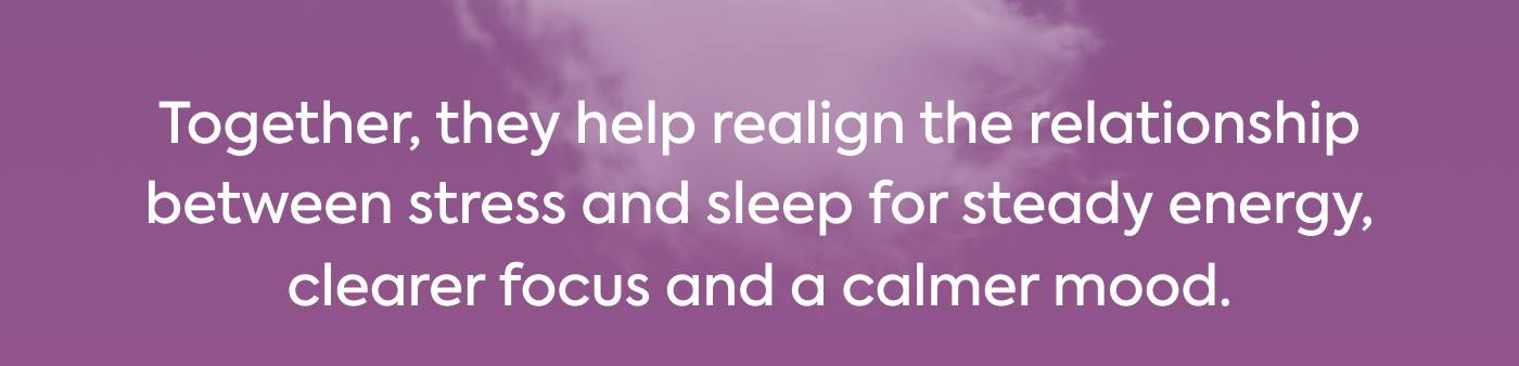 Together, they help realign the relationship between stress and sleep for steady energy, clearer focus and a calmer mood. Together, they help realign the relationship between stress and sleep for steady energy, clearer focus and a calmer mood.