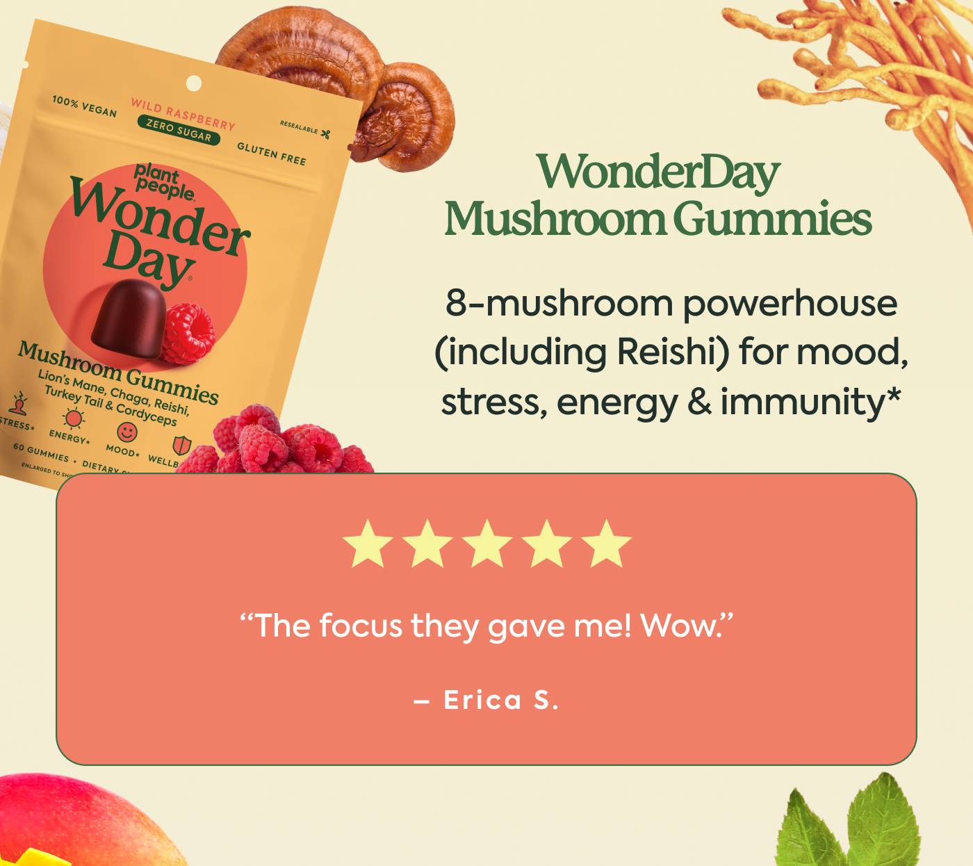 WonderDay  8-mushroom powerhouse (including Reishi) for mood, stress, energy & immunity* ⭐️⭐️⭐️⭐️⭐️ “The focus they gave me! Wow.” - Erica S WonderDay  8-mushroom powerhouse (including Reishi) for mood, stress, energy & immunity* ⭐️⭐️⭐️⭐️⭐️ “The focus they gave me! Wow.” - Erica S