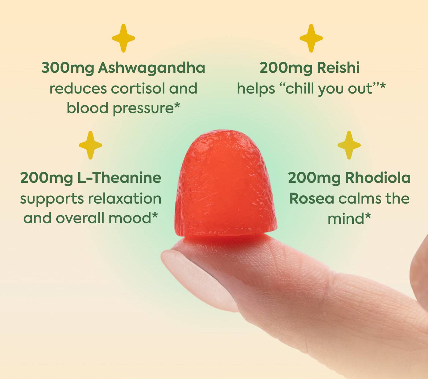 300mg Ashwagandha reduces cortisol and blood pressure* 200mg Reishi helps “chill you out”* 200mg Rhodiola Rosea calms the mind* 200mg L-Theanine which supports relaxation and overall mood*