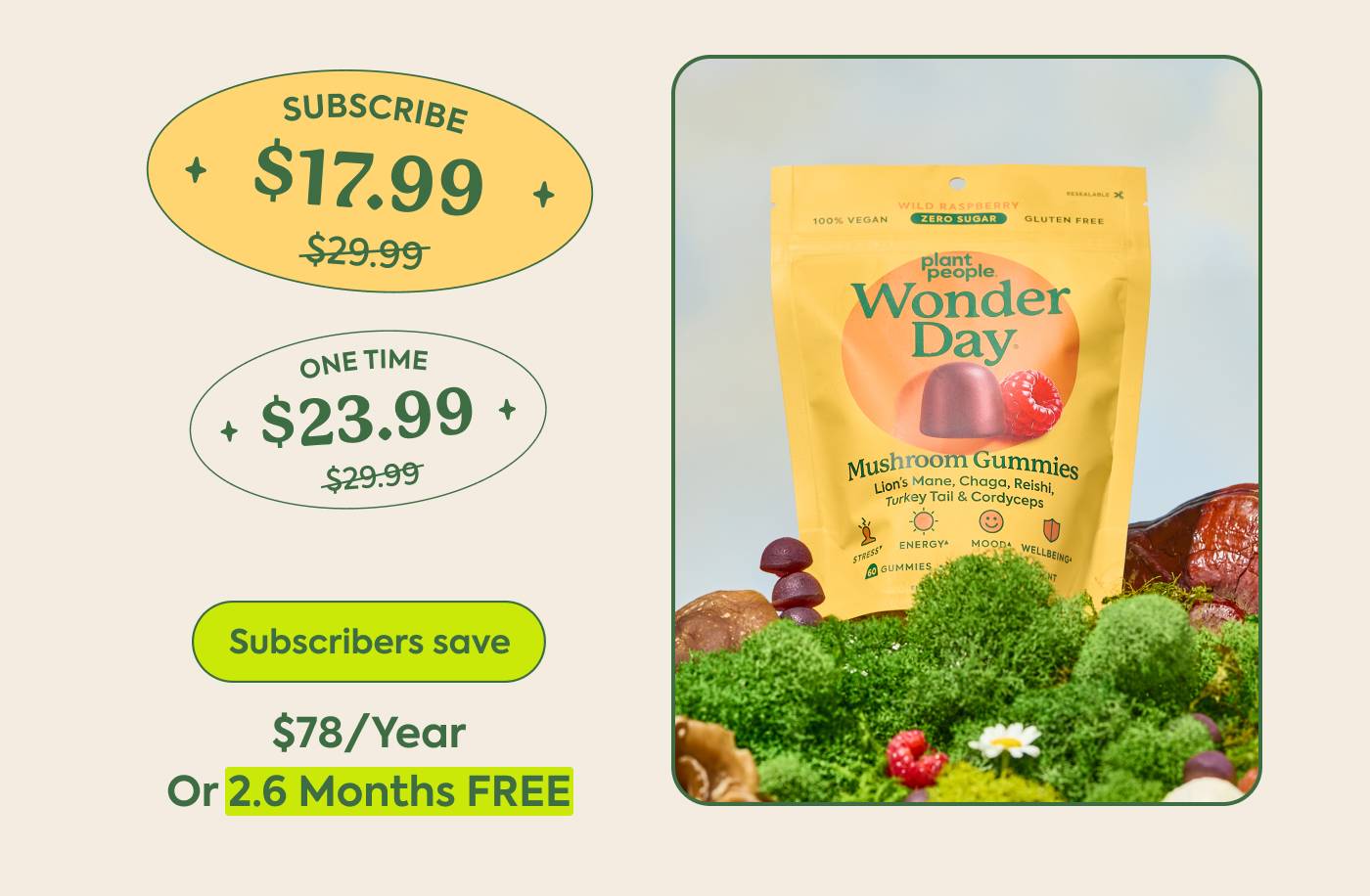 WonderDay One-time (20% off): $29.99 → $23.99 Subscribe (40% off): $29.99 → $17.99 Subscribers save $78/year or 2.6 months FREE