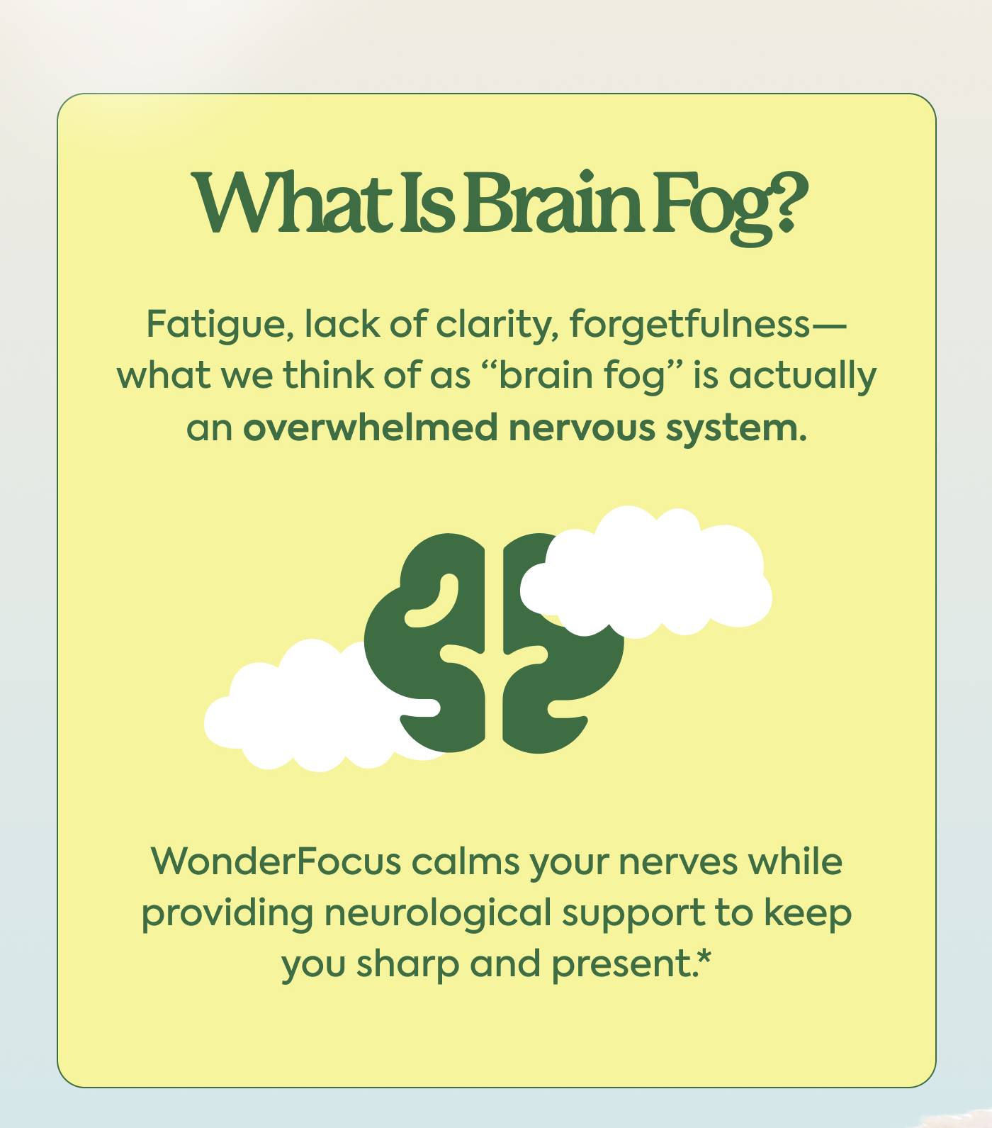  What ls Brain Fog Fatigue, lack of clarity, forgetfulness—  what we think of as “brain fog” is actually  an overwhelmed nervous system.  WonderFocus calms your nerves while  providing neurological support to keep  you sharp and present.* 