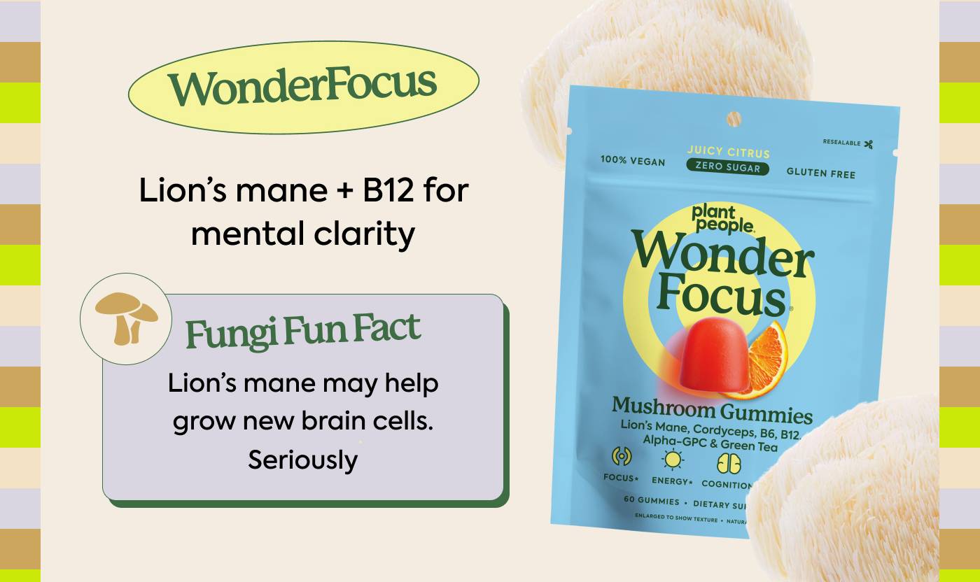 WonderFocus: Lion’s mane + B12 for mental clarity Fun Fungi Fact: Lion’s mane may help grow new brain cells. Seriously WonderFocus: Lion’s mane + B12 for mental clarity Fun Fungi Fact: Lion’s mane may help grow new brain cells. Seriously