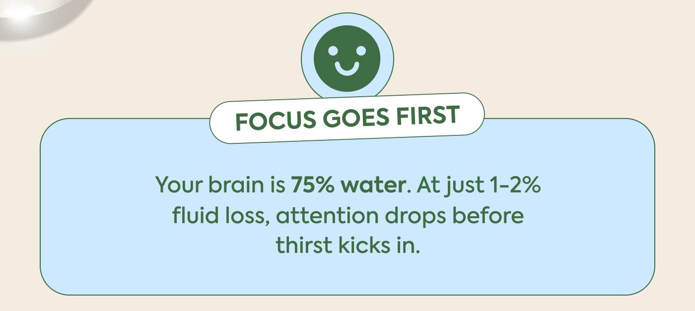 Focus goes first Your brain is 75% water. At just 1-2% fluid loss, attention drops before thirst kicks in.