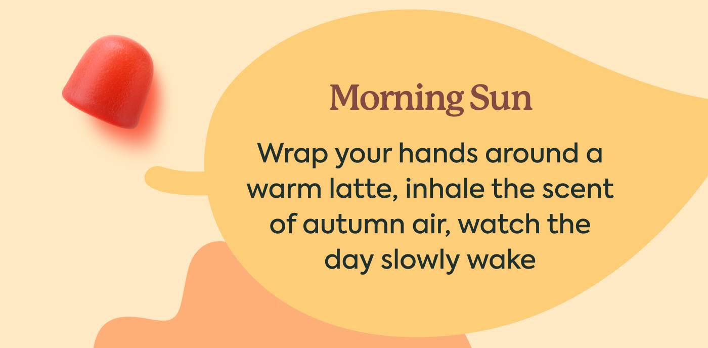 Morning Sun — Wrap your hands around a warm latte, inhale the scent of autumn air, watch the day slowly wake Morning Sun — Wrap your hands around a warm latte, inhale the scent of autumn air, watch the day slowly wake