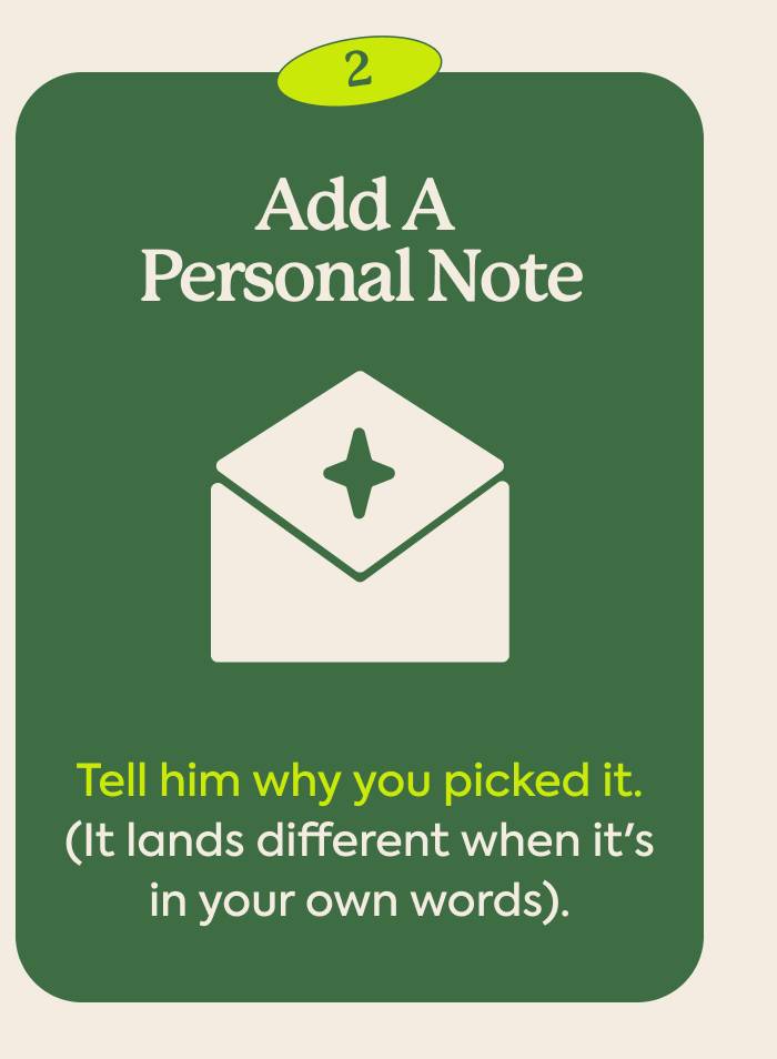 Add a personal note: Tell him why you picked it. (It lands different when it's in your own words).