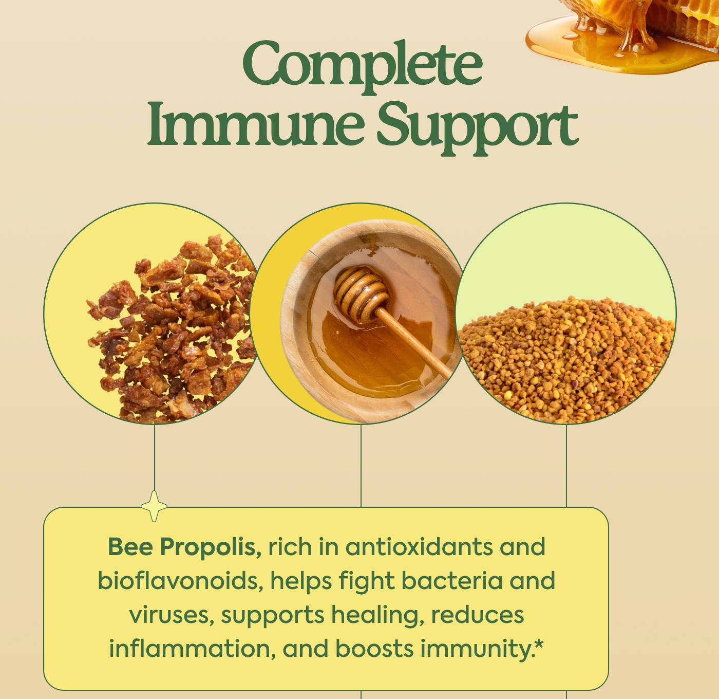 Complete Immune Support Bee Propolis, rich in antioxidants and bioflavonoids, helps fight bacteria and viruses, supports healing, reduces inflammation, and boosts immunity.*