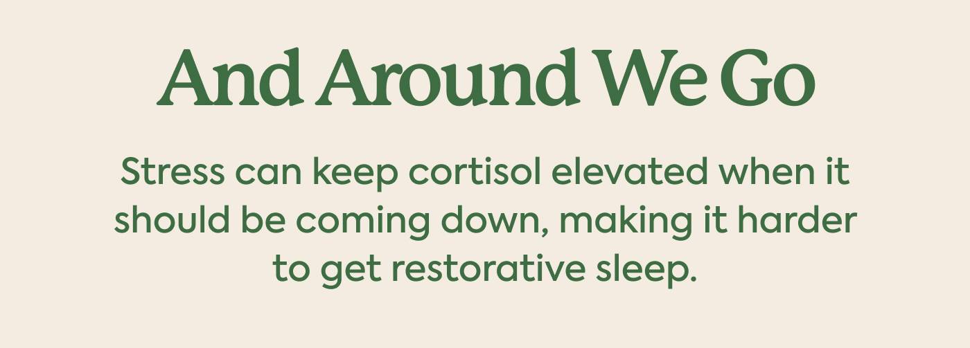 AND AROUND WE GO | Stress can keep cortisol elevated when it should be coming down, making it harder to get restorative sleep.
