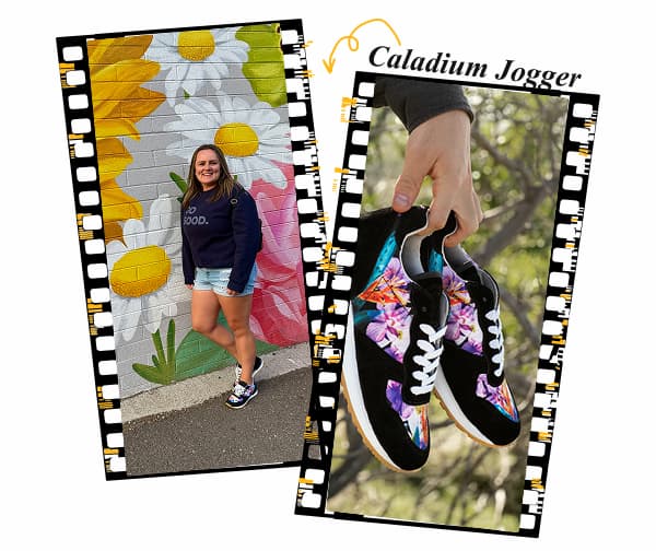 woman standing next to floral mural in floral sneakers