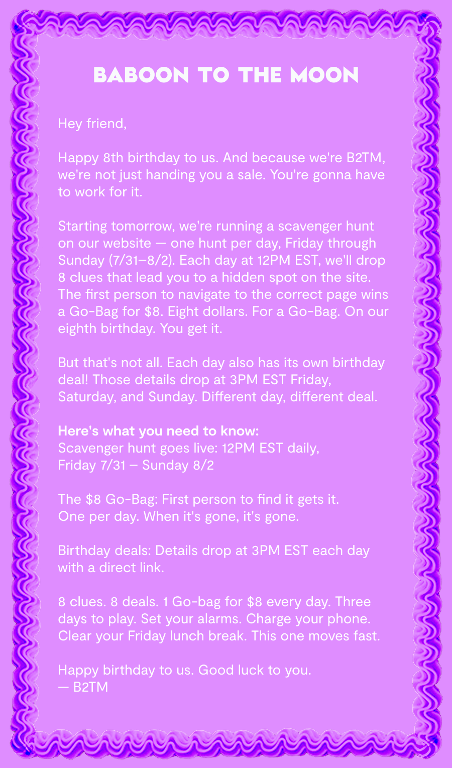Scavenger Hunt and Birthday Sale