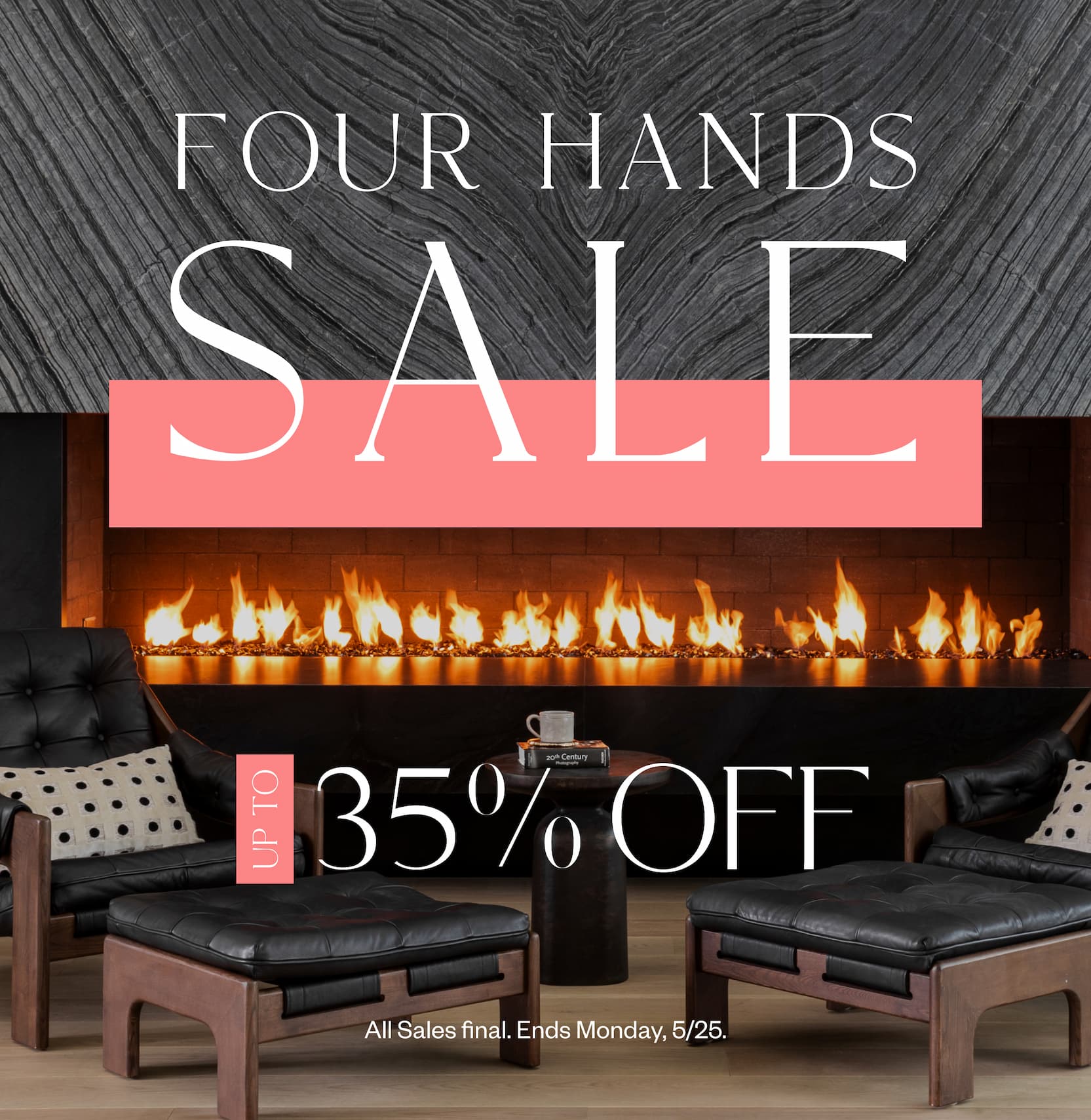 Four Hands Sale - Two black leather chairs next to fireplace