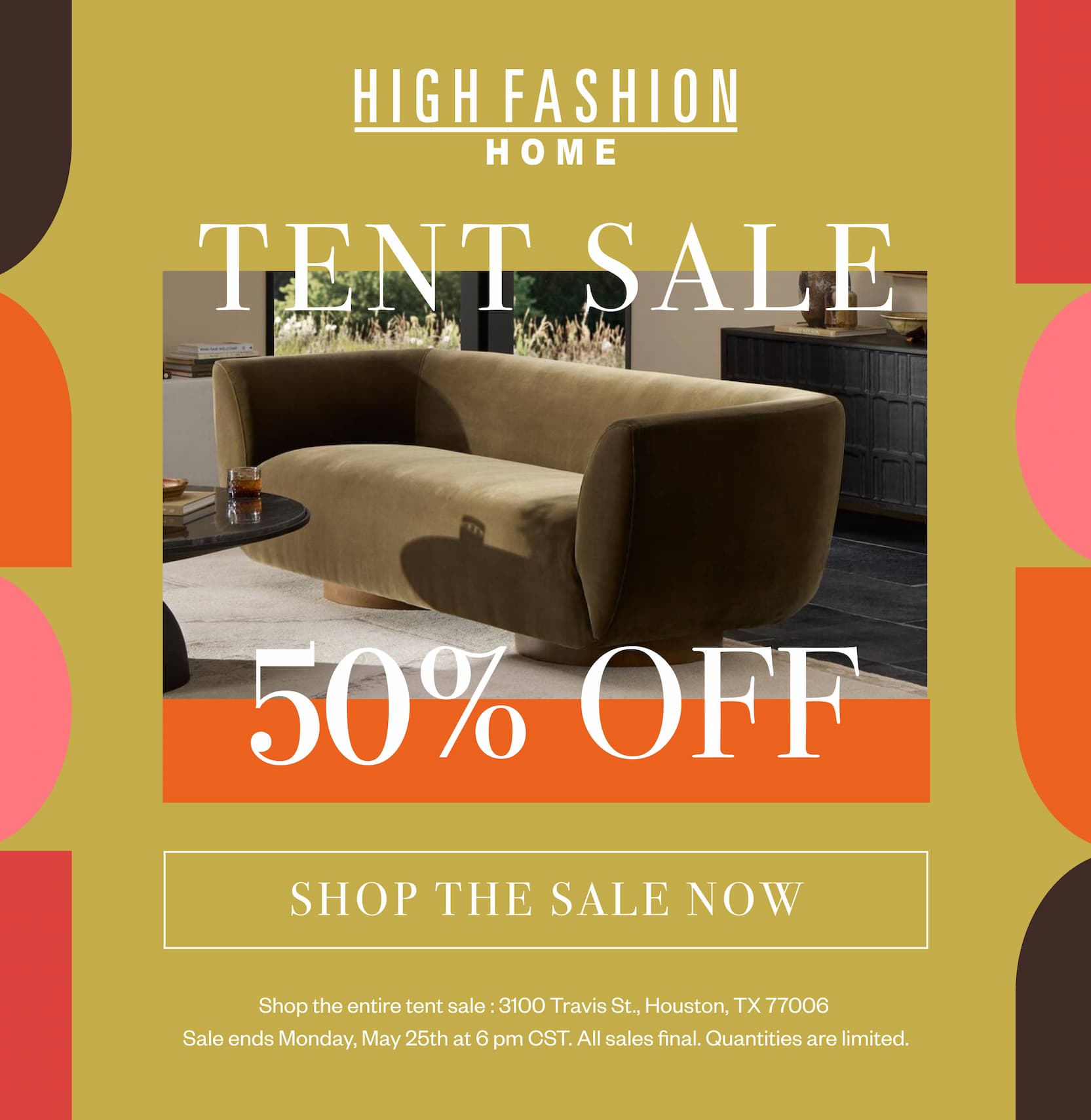 Memorial Day Tent Sale with green sofa shown