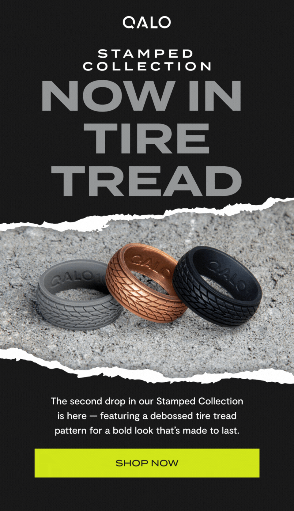 Qalo | Stamped collection | Now in tire tread | The second drop in our Stamped Collection is here - featuring a debossed tire tread pattern for a bold look that’s made to last. | Shop now