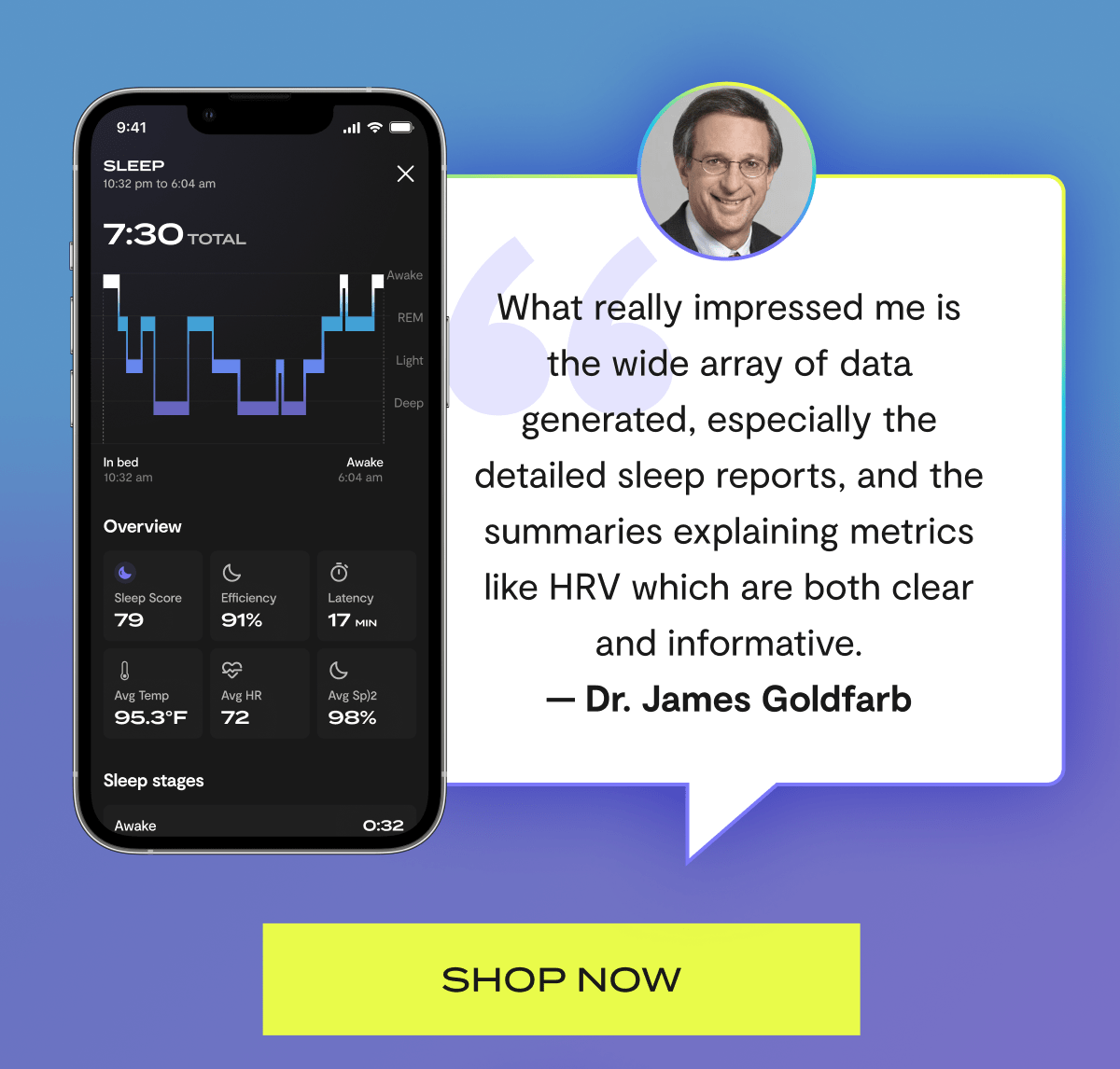 "What really impressed me is the wide array of data generated, especially the detailed sleep reports, and the summaries explaining metrics like HRV which are both clear and informative." — Dr. James Goldfarb | Shop now