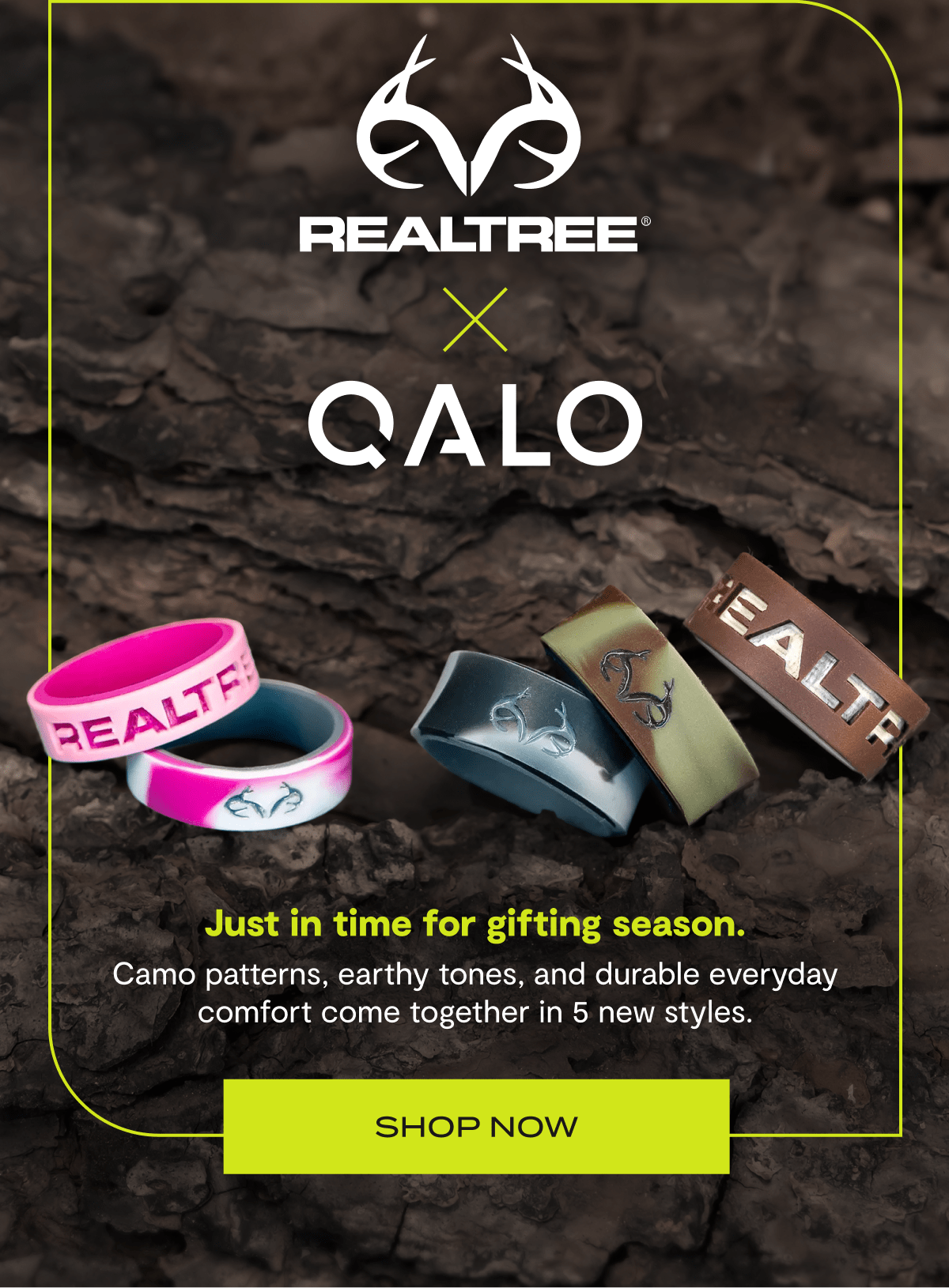 Realtree® x QALO | Just in time for gifting season. | Camo patterns, earthy tones, and durable everyday comfort come together in 5 new styles. | Shop now