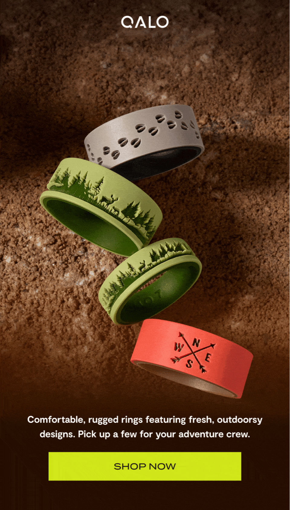 Qalo | Keep Calm & Adventure on | Comfortable, rugged rings featuring fresh, outdoorsy designs. Pick up a few your adventure crew. | Shop Now