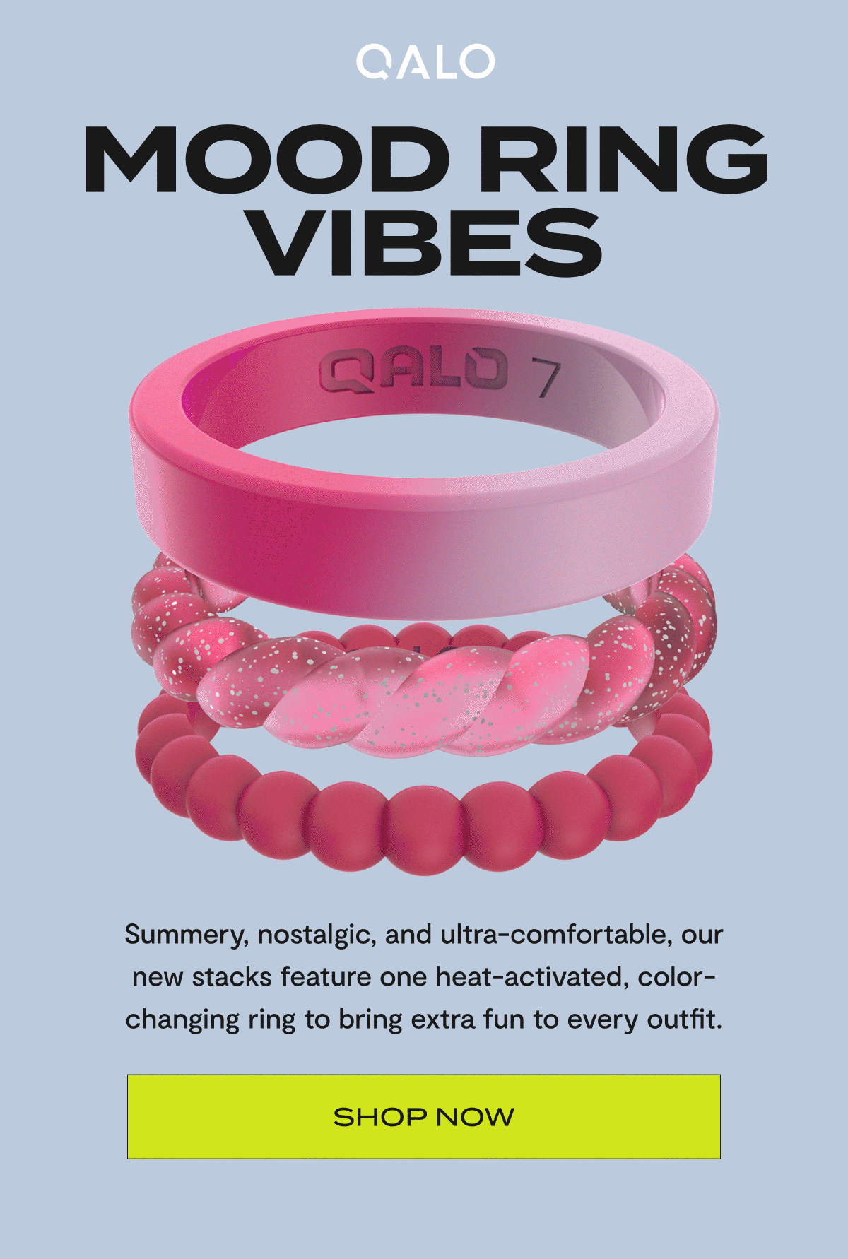 Qalo | Mood Ring Vibes | Summery, nostalgic, and ultra-comfortable, our new stacks feature one heat-activated, color-changing ring to bring extra fun to every outfit. | Shop Now