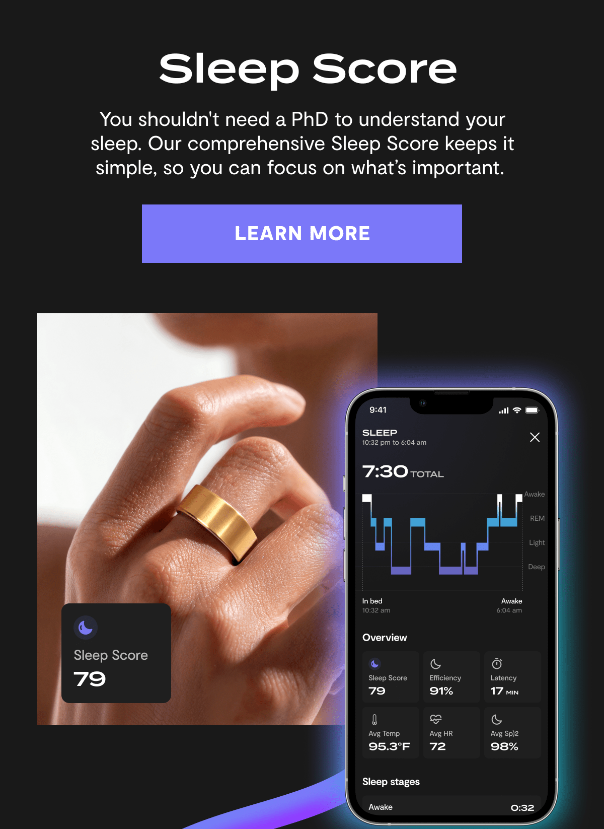 Sleep Score | You shouldn't need a PhD to understand your sleep. Our comprehensive Sleep Score keeps it simple, so you can focus n what's important. | Learn More