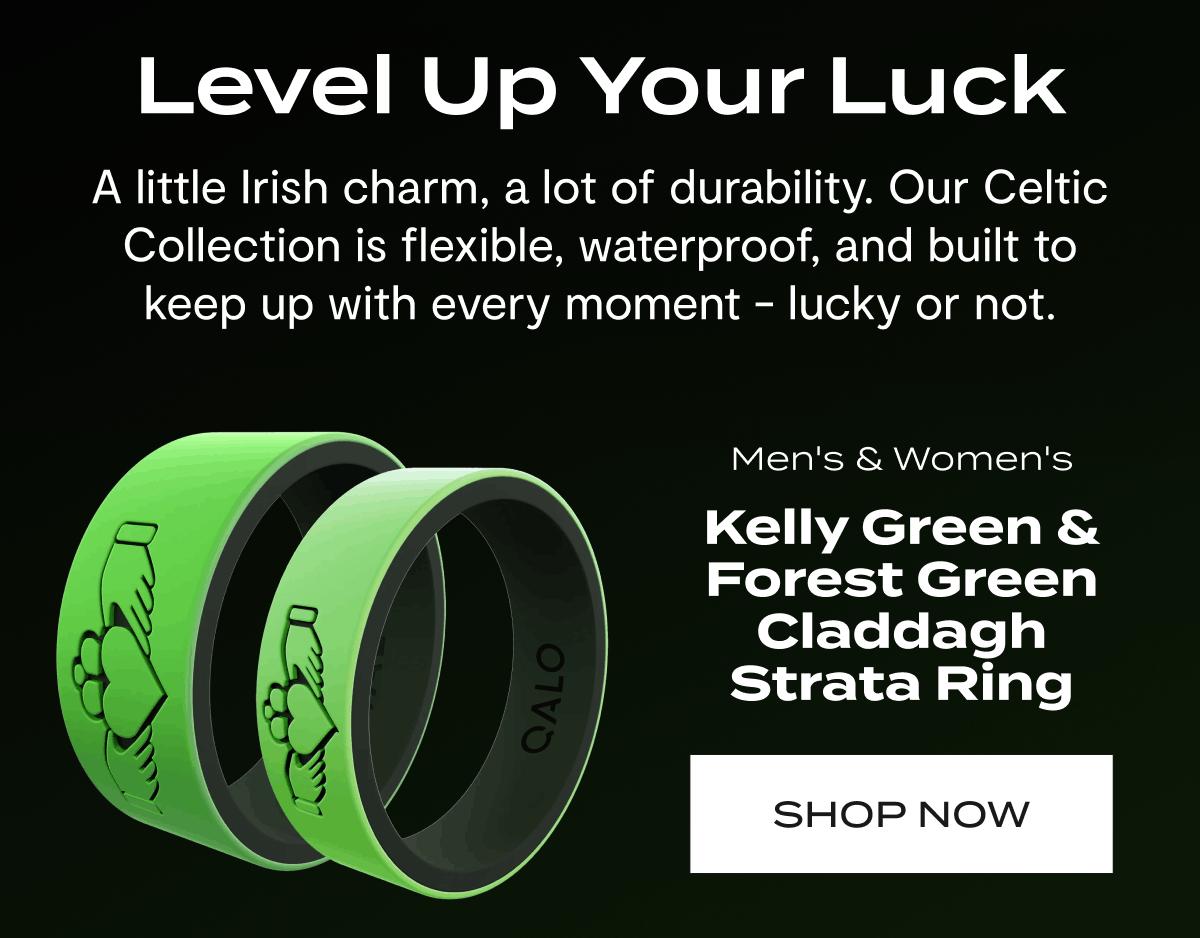 Level Up Your Luck | A little Irish charm, a lot of durability. Our Celtic Collection is flexible, waterproof, and built to keep up with every moment - lucky or not. | Men's & Women's | Kelly Green & Forest Green Claddagh Strata Ring | Shop Now