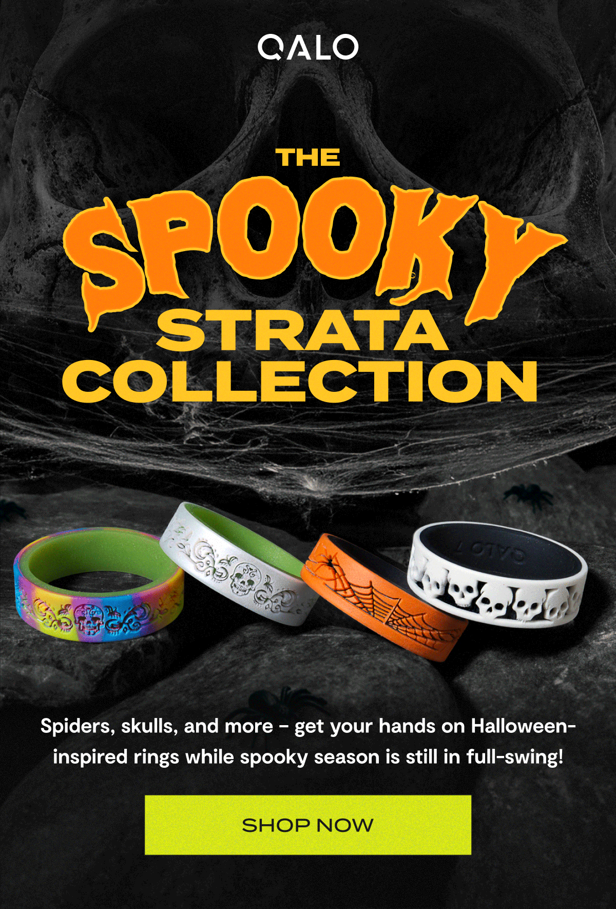 Qalo | The Spooky Strata Collection | Spiders, skulls, and more - get your hands on Halloween inspired rings while spooky season is still in full-swing! | Shop now