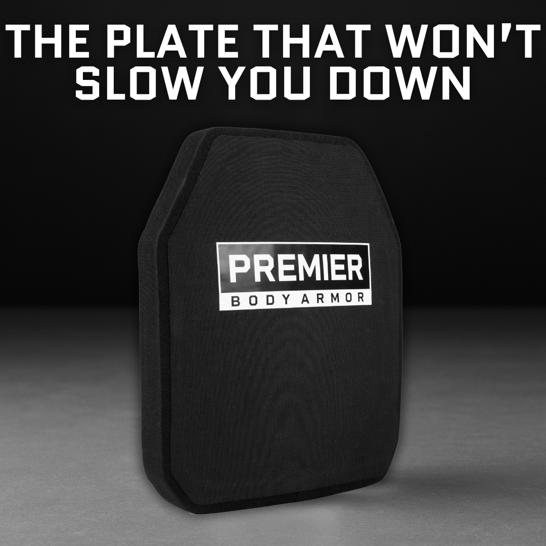 body armor plate on grey backdrop with text the plate that won't slow you down