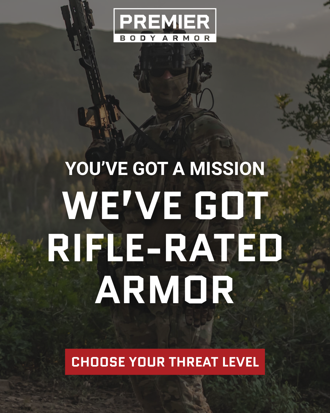 man with plate carrier, plates, and helmet and words to choose your threat level