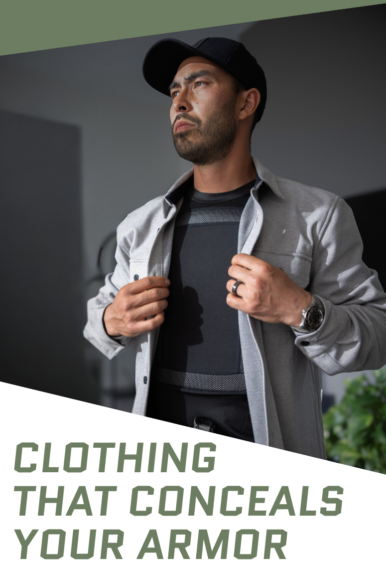 man wearing armor shirt putting on grey shacket