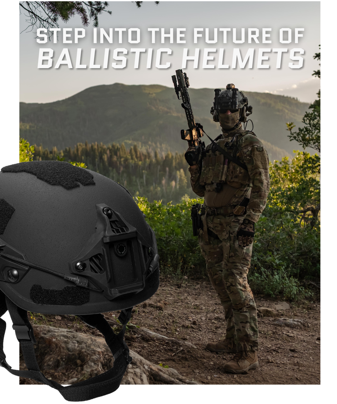 Fortis Ballistic Helmet on operator with NVG/light in mountain terrain with close up detail product shot