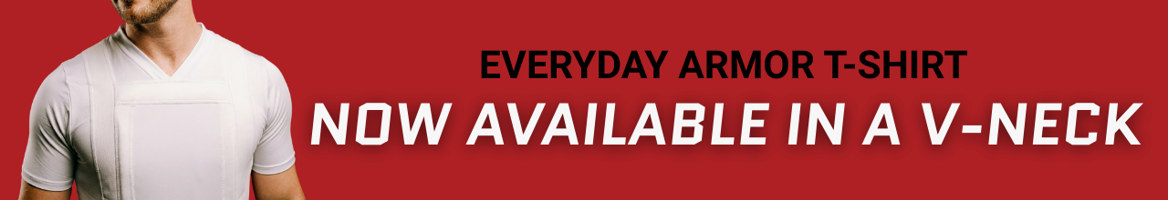 banner showing man wearing v-neck shirt with text "everyday armor t-shirt now available in a v-neck"