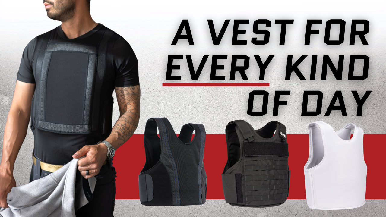Man putting on a low-profile soft-armor shirt (Everyday Armor T-Shirt) in a home setting; other vest options superimposed for comparison. Man putting on a low-profile soft-armor shirt (Everyday Armor T-Shirt) in a home setting; other vest options superimposed for comparison.