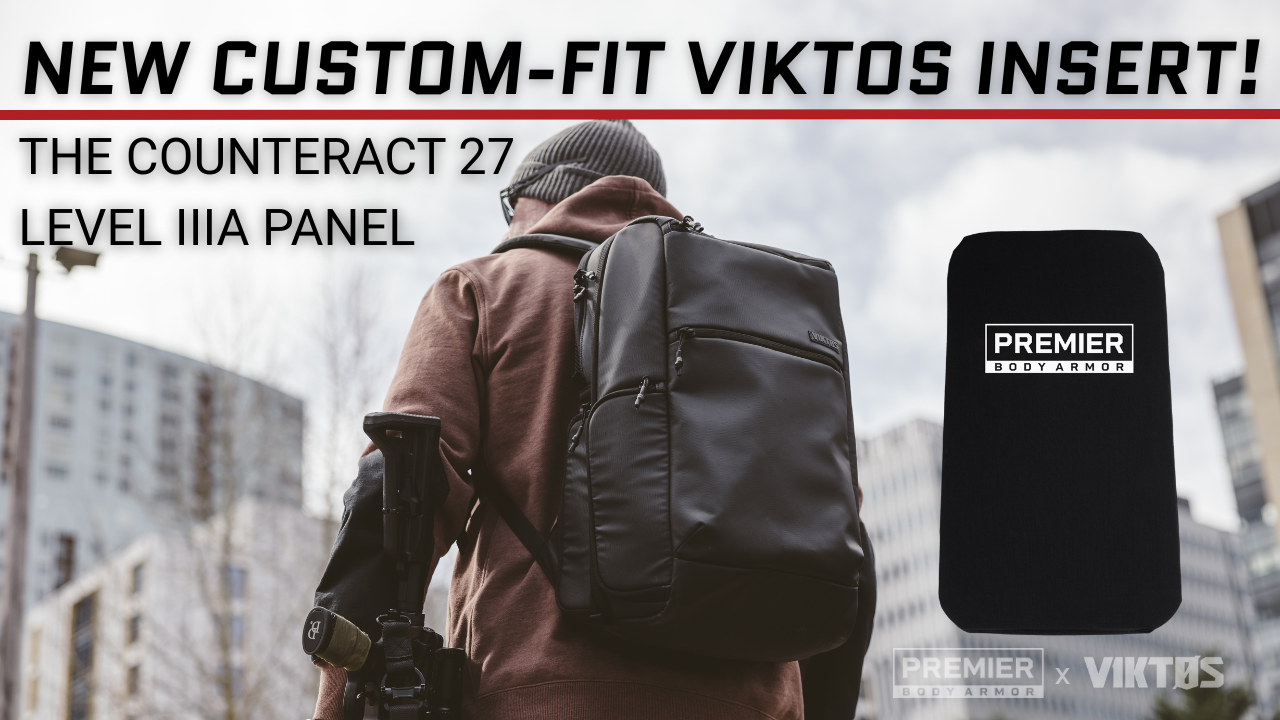 Viktos Counteract 27 backpack with custom 11"x18" Level IIIA insert, USA-made, 0.22" thin.