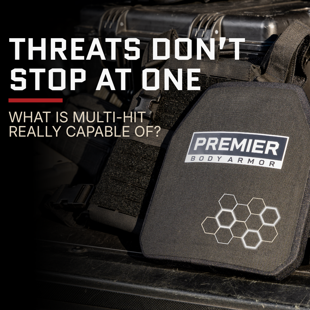 Premier Body Armor Fortis rifle plate with field kit in a truck bed, labeled multi-hit 1-inch hex-tile strike face.