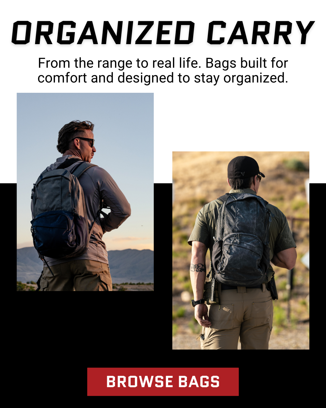 two images of men wearing backpacks outdoors and text about organized carry with bags that are comfortable