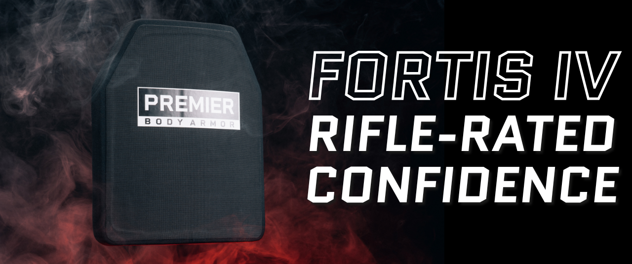 body armor plate on black background with words fortis IV rifle-rated confidence