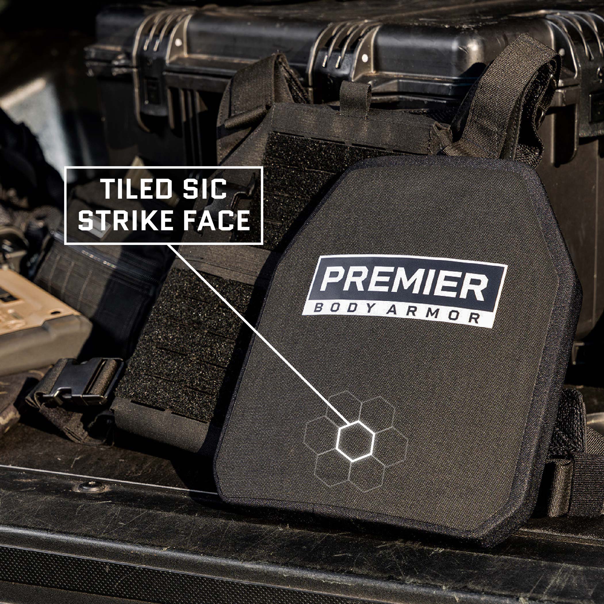 image of a plate leaning against a plate carrier with text callout of tiled sic strike face