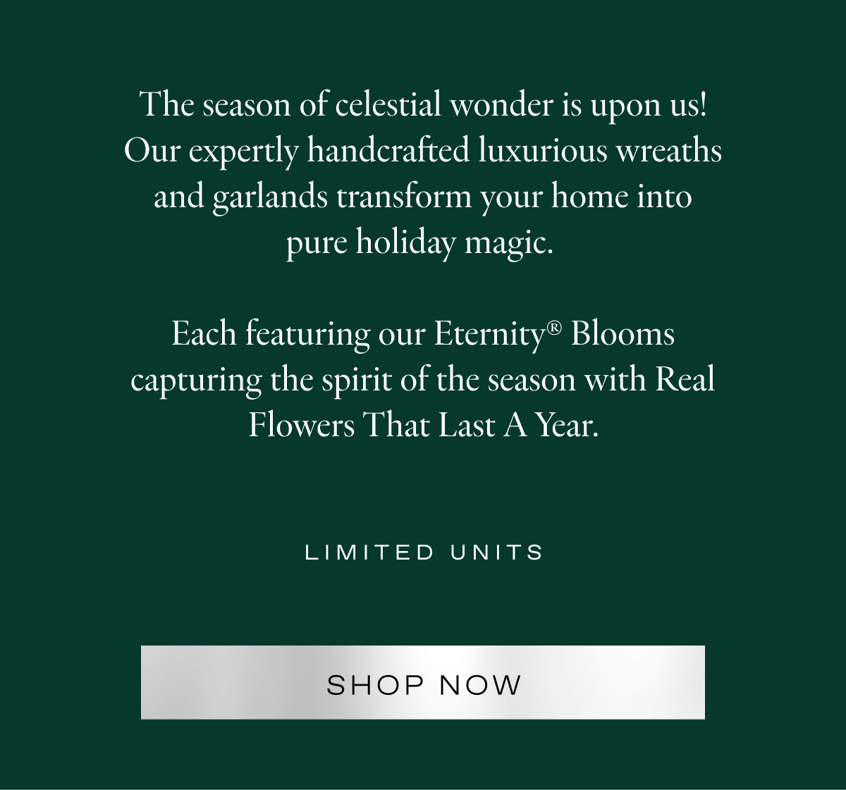 The season of celestial wonder is upon us! Our expertly handcrafted luxurious wreaths and garlands transform your home into pure holiday magic.   Each featuring our Eternity® Blooms capturing the spirit of the season with Real Flowers That Last A Year. 