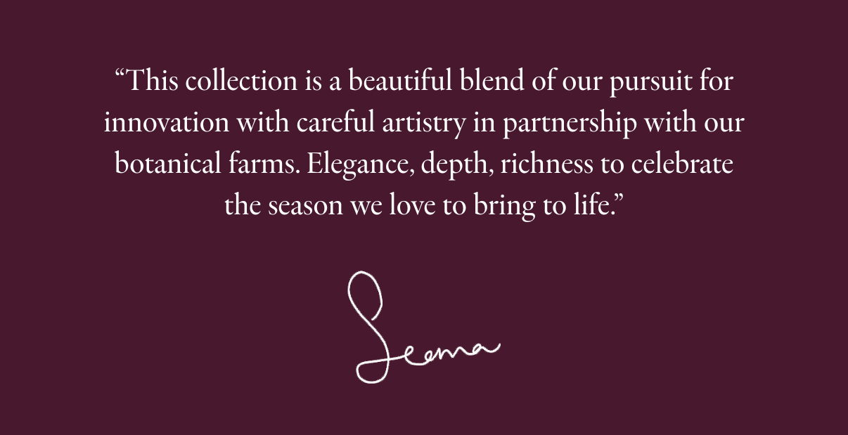 A vertical collage on a plum backdrop presenting the Fall palette and textures: a dew-kissed near-black rose, clusters of blackberries, wine-toned leaves, a white x-ray flower, multiple antiquity-inspired vessels (porcelain, clay, travertine; including a grid of ancient pots and a tall Egyptian amphora), a classical 'Flora' fresco and figure sketch, and a paint roller laying down an oxblood swatch—signaling a moody, museum-worthy direction for the Fall collection.