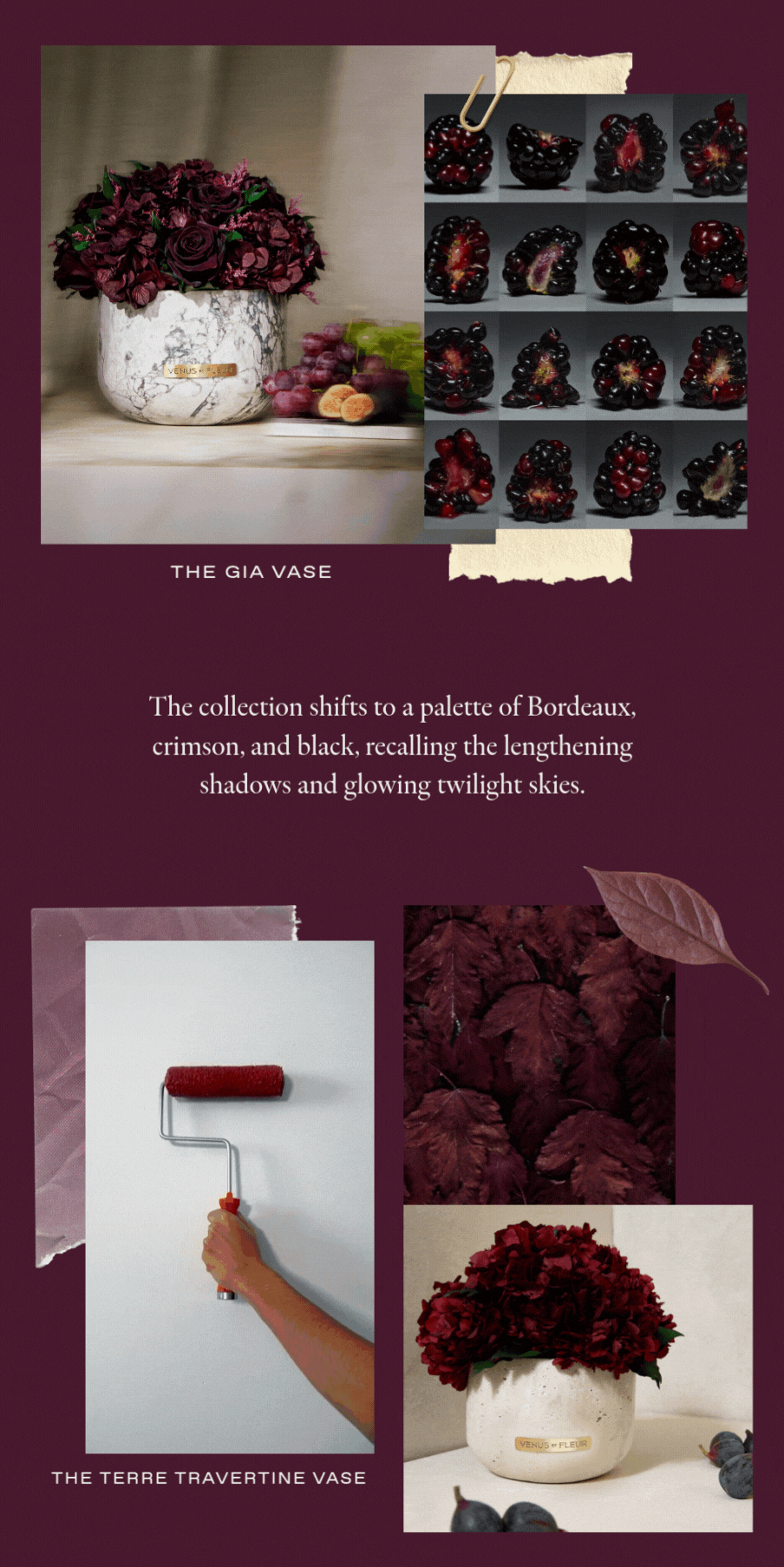 A vertical collage on a plum backdrop presenting the Fall palette and textures: a dew-kissed near-black rose, clusters of blackberries, wine-toned leaves, a white x-ray flower, multiple antiquity-inspired vessels (porcelain, clay, travertine; including a grid of ancient pots and a tall Egyptian amphora), a classical 'Flora' fresco and figure sketch, and a paint roller laying down an oxblood swatch—signaling a moody, museum-worthy direction for the Fall collection.