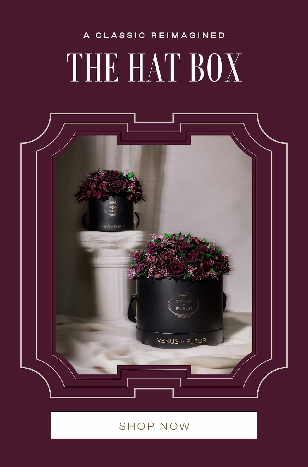 A vertical collage on a plum backdrop presenting the Fall palette and textures: a dew-kissed near-black rose, clusters of blackberries, wine-toned leaves, a white x-ray flower, multiple antiquity-inspired vessels (porcelain, clay, travertine; including a grid of ancient pots and a tall Egyptian amphora), a classical 'Flora' fresco and figure sketch, and a paint roller laying down an oxblood swatch—signaling a moody, museum-worthy direction for the Fall collection.