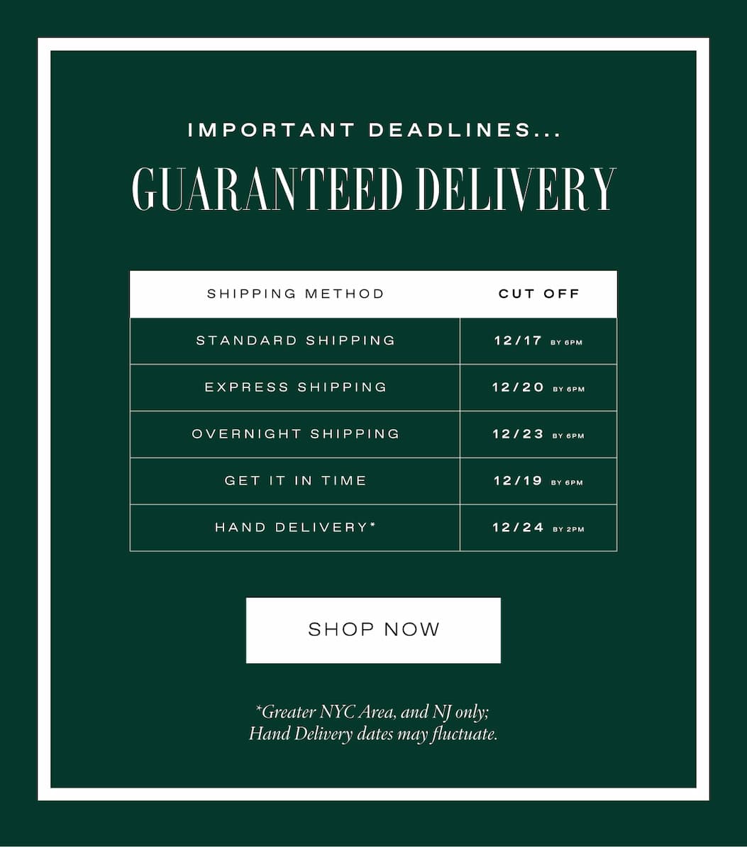Important Deadlines for Guaranteed Delivery
