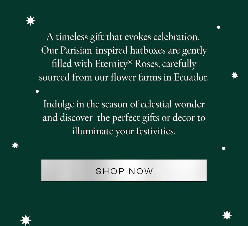 The season of celestial wonder is upon us! Our expertly handcrafted luxurious wreaths and garlands transform your home into pure holiday magic.   Each featuring our Eternity® Blooms capturing the spirit of the season with Real Flowers That Last A Year. 