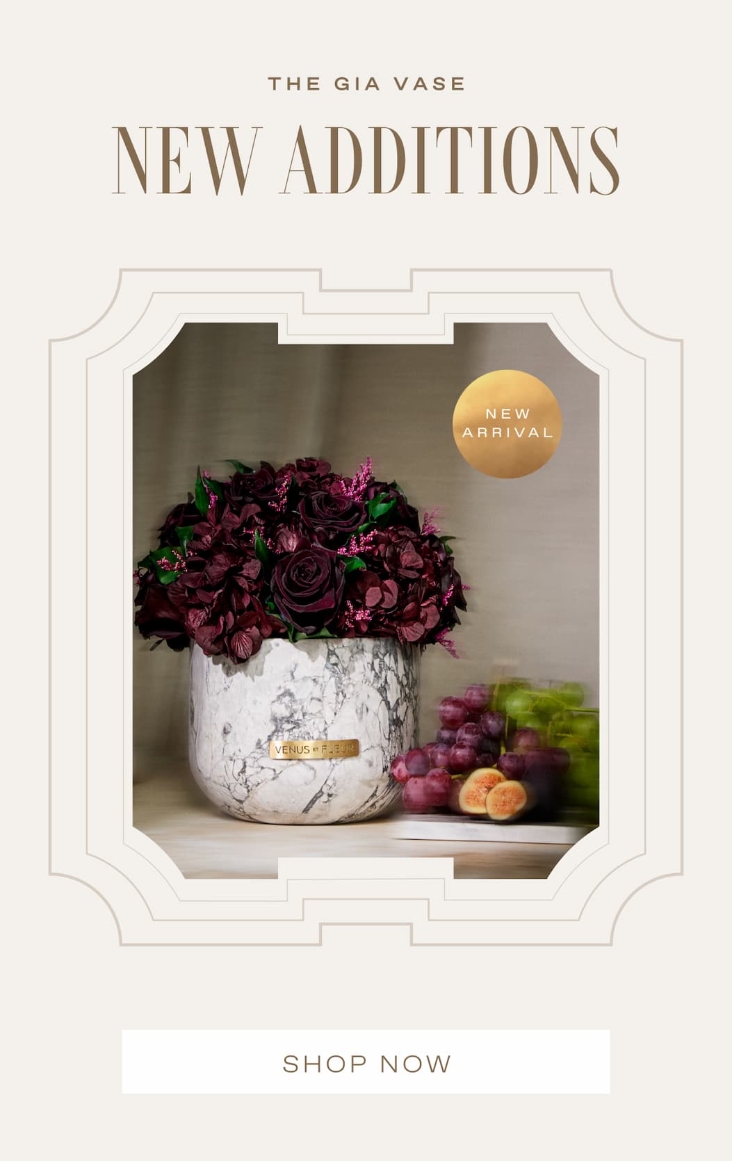 A vertical collage on a plum backdrop presenting the Fall palette and textures: a dew-kissed near-black rose, clusters of blackberries, wine-toned leaves, a white x-ray flower, multiple antiquity-inspired vessels (porcelain, clay, travertine; including a grid of ancient pots and a tall Egyptian amphora), a classical 'Flora' fresco and figure sketch, and a paint roller laying down an oxblood swatch—signaling a moody, museum-worthy direction for the Fall collection.