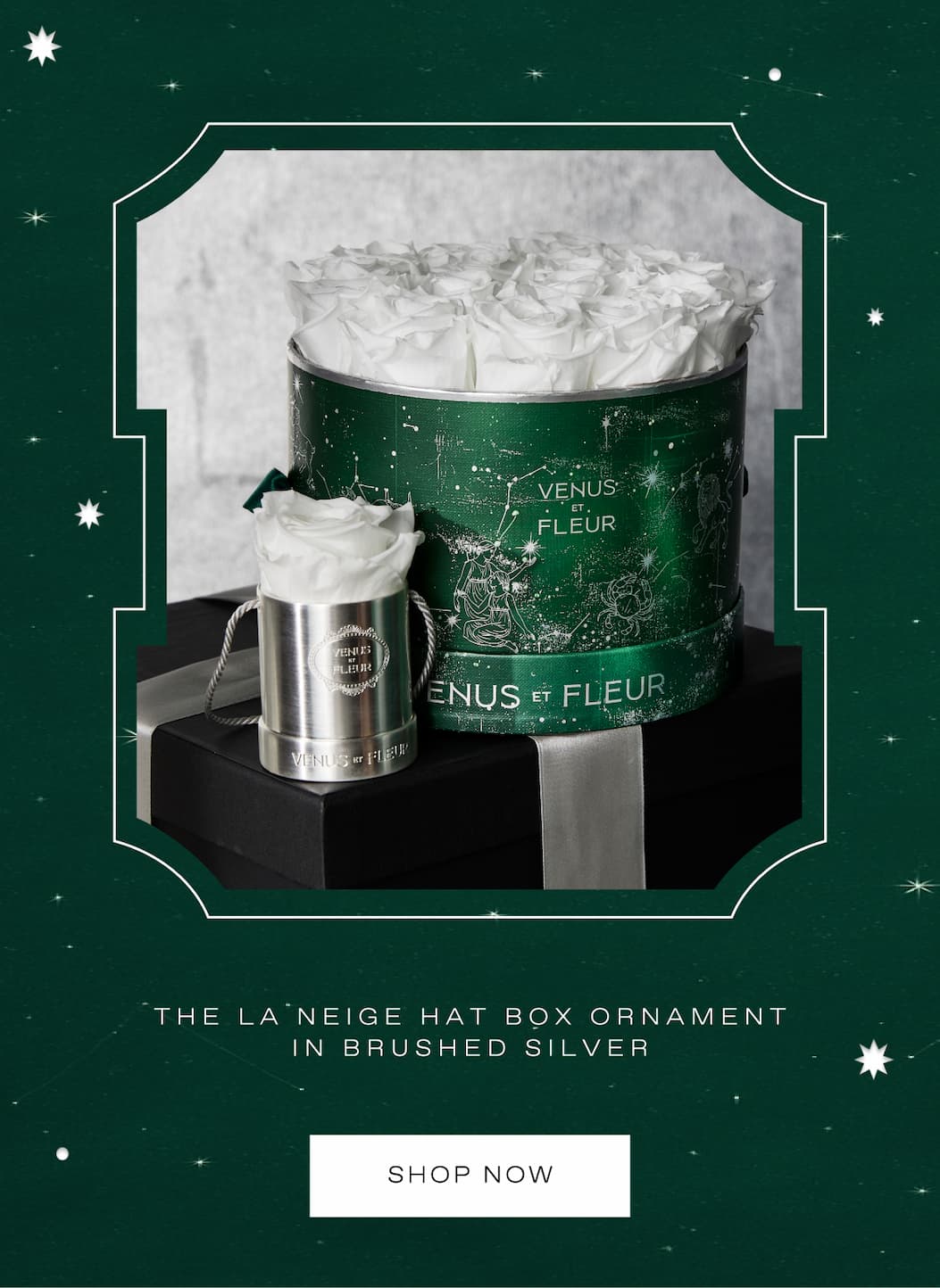 THE LA NEIGE HAT BOX ORNAMENT IN BRUSHED SILVER